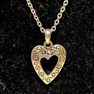 Silver tone decorated heart pendant with swirl design on a dainty chain 18”